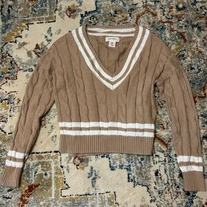Jessica Simpson Tan and White V-Neck Sweater